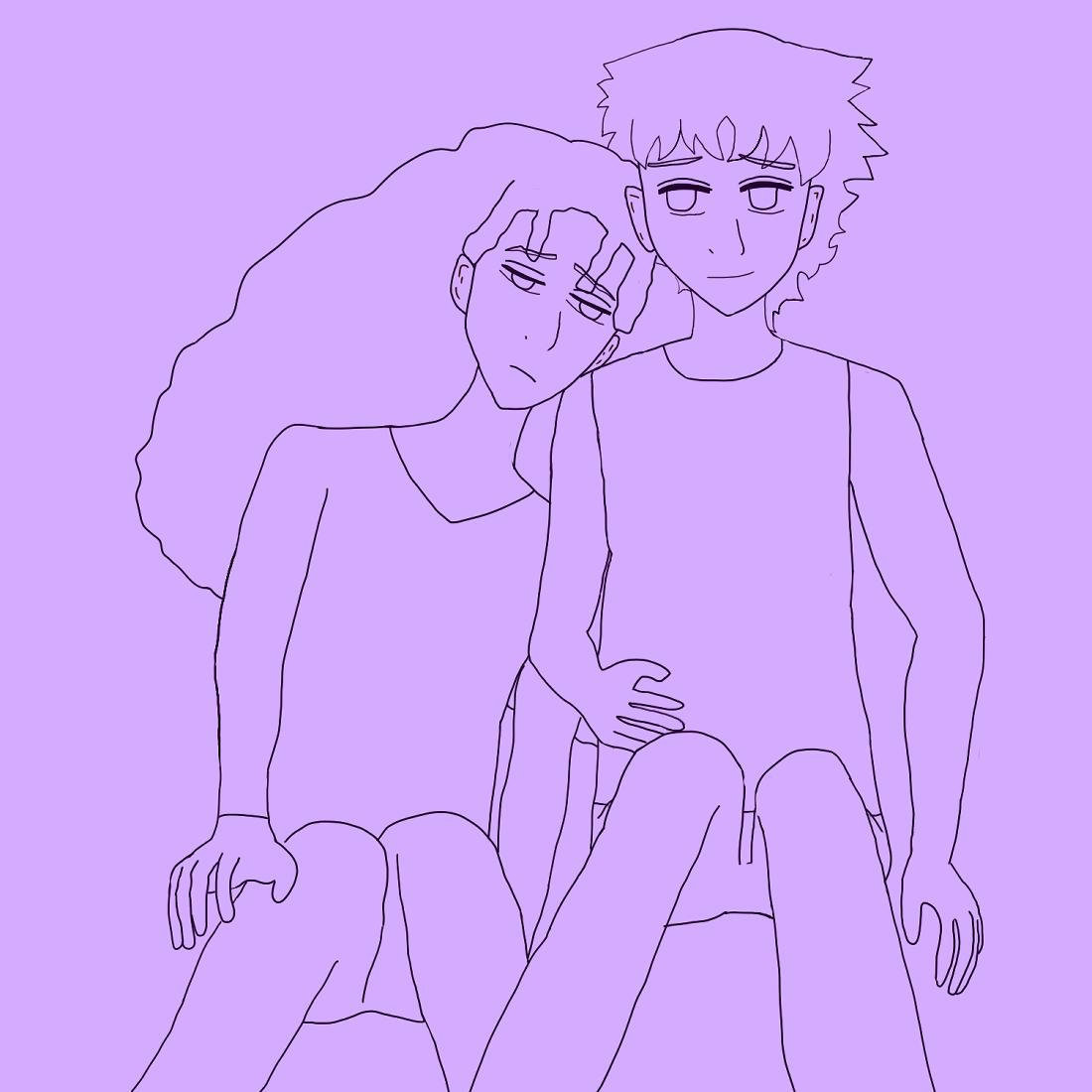 uncolored sketch version of the above where layla is smiling softly at alia instead.